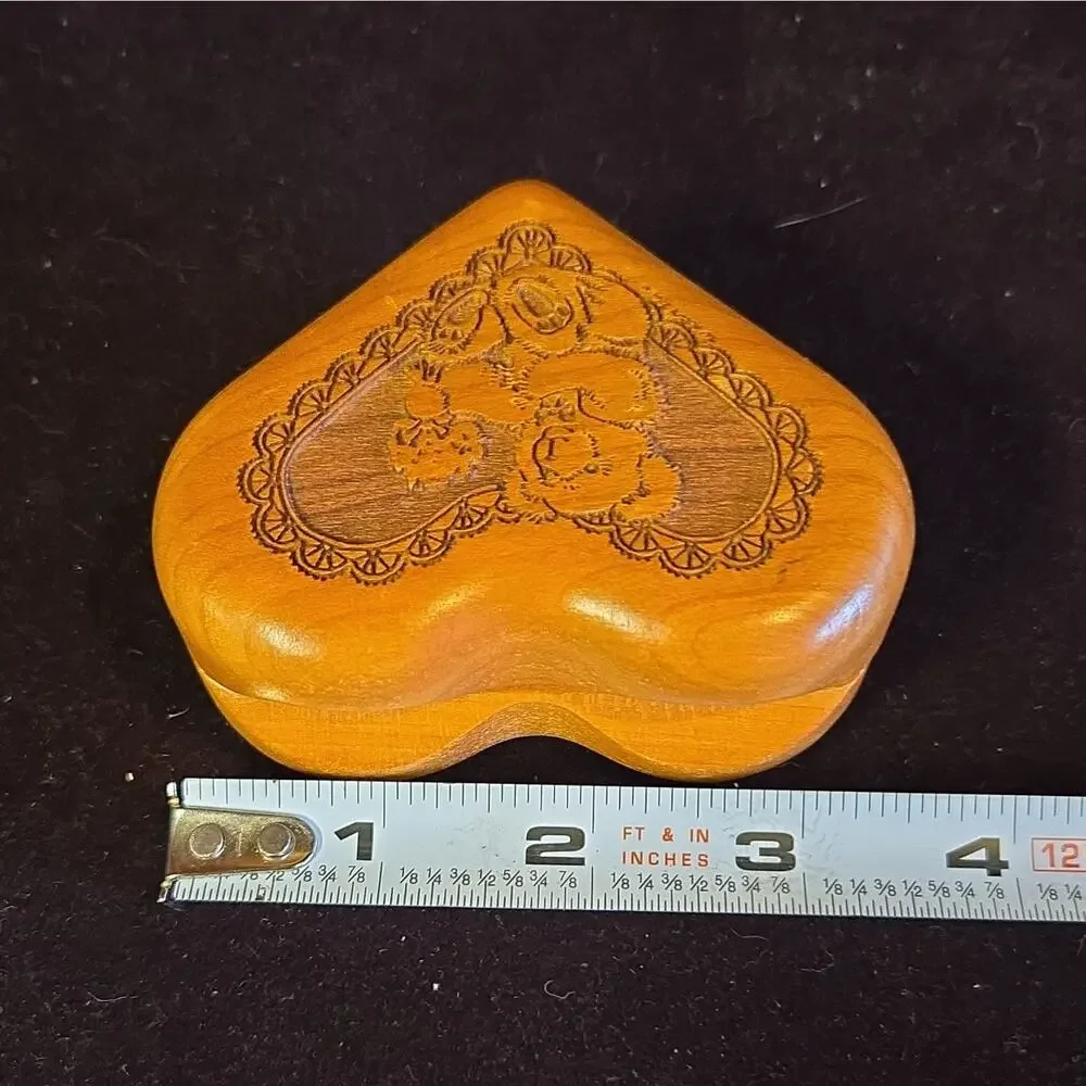 Vintage Wooden Heart Trinket Box Laser Etched Teddy Bear Jewelry Keepsake Case